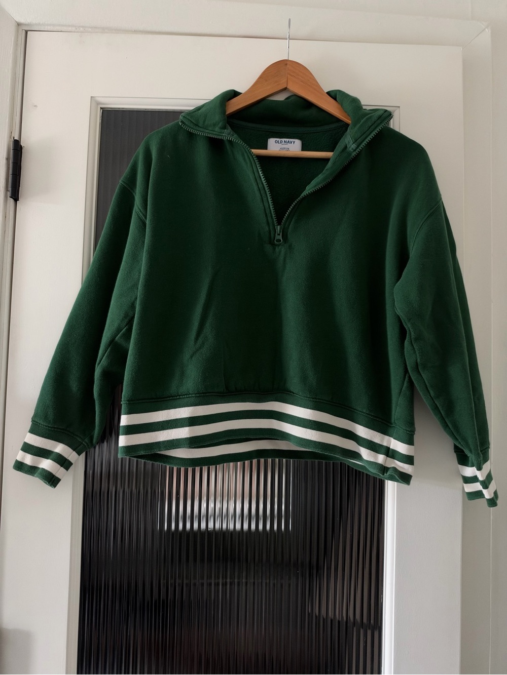 Old Navy Dark Green Quarter-Zip Pullover with White Stripe Hem